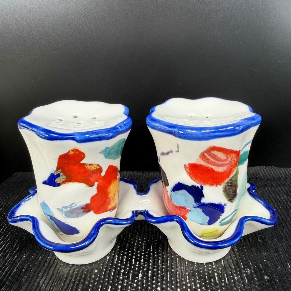 Anthropologie Luna Floral Ceramic Salt and Pepper Shaker Set with Tray New w Tag - Picture 7 of 11